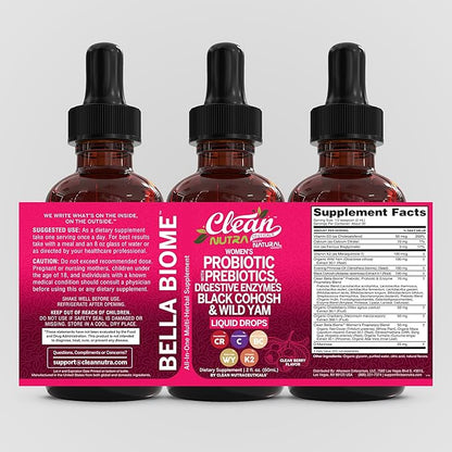 Liquid Probiotics for Women Drops with Chasteberry, Black Cohosh, Prebiotics, Digestive Enzymes, Evening Primrose Oil, Wild Yam, Cranberry Dmannose and Iron Vitamin D3 K2 Clean Nutra Bella Biotics (2)