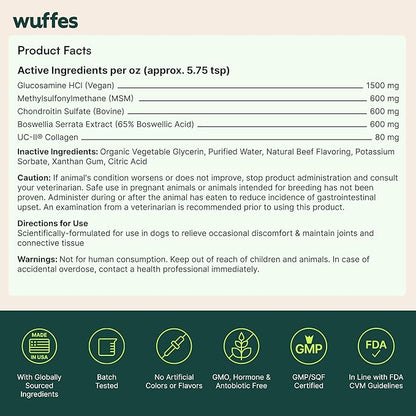 Wuffes Advanced Joint Liquid for Dogs, Hip & Joint Support Supplement with Glucosamine, Chondroitin, UC-II® Collagen, and MSM, for Small & Large Breeds, 16 Oz