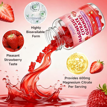 2 Pack Magnesium Citrate Gummies, High Absorption Magnesium Gummies for Adults, Magnesium Supplement to Support Natural Relaxation, Vegan, Sugar-Free, Strawberry Flavor, 120 Count