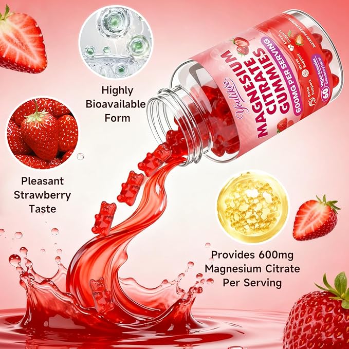 Magnesium Citrate Gummies, High Absorption Magnesium Gummies for Adults, Magnesium Supplement to Support Natural Relaxation, Vegan, Sugar-Free, Strawberry Flavor, 60 Count