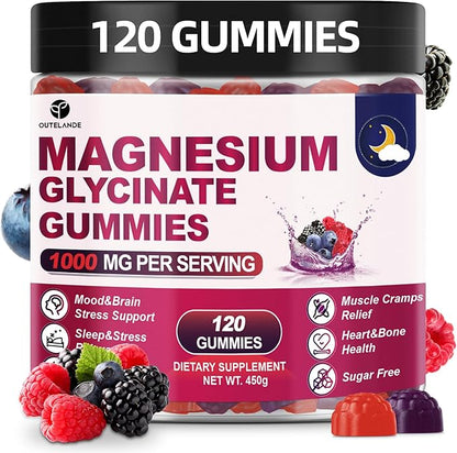 120 CT Magnesium Glycinate Gummies 1000 mg for Women and Men, Magnesium Malate & Taurate Supplements for Sleep, Body Support and Relaxation, Sugar Free, Vegan, Raspberry BlackBerry Blueberry Flavor
