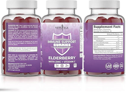 NEW AGE Immune System Support Gummies - Sambucus Black Elderberry Gummies with Vitamin C and Zinc (60 Count (Pack of 1))