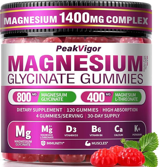 5 IN 1 Magnesium Glycinate Gummies,1400mg Magnesium Complex with Glycinate, L-Threonate, Vitamin B6, CoQ10 & Black Pepper, Organic, Non-GMO, Third-Party Tested, Gut-Friendly & Easy-to-Chew 120 Gummies