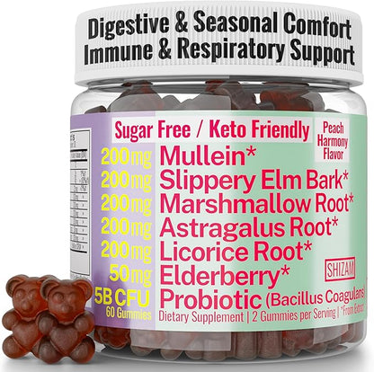 SHIZAM Slippery Elm, Mullein Leaf, Marshmallow Root, Licorice Root, Astragalus Root, Elderberry & Probiotic Bacillus Coagulans Gummies – Sugar-Free, Keto-Friendly, Vegan - Gymnema Sylvestre