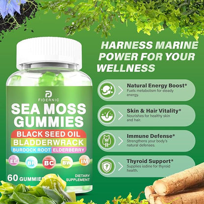 Sea Moss Gummies – Irish Sea Moss with Black Seed Oil, Bladderwrack, Burdock Root for Immune & Detox Support, Vegan Green Apple Flavor Gummies for Adults, Kids, Men, Women - 60 Gummies