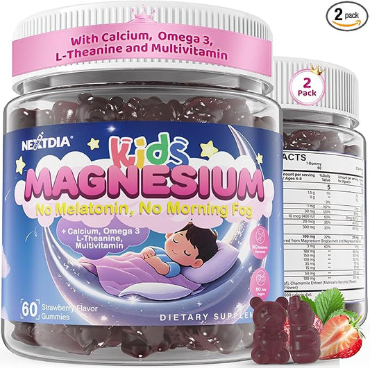 Kids Magnesium Glycinate Gummies + Calcium + Omega 3 - Kids Sleep & Calm Gummies, Melatonin Free Magnesium Gummies + L-theanine, B6, D3 & K2, Zinc, C for Restful Sleep, Bones, Brain & Immunity, 2 Pack