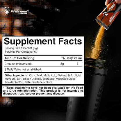 WELLNESS LABSRX Creatine Monohydrate Powder Sachets 300g – Mango Flavor Micronized Creatine Powder Supplement, Creatine for Women and Men, Supports Muscle Strength, Energy, Performance - 60 Servings
