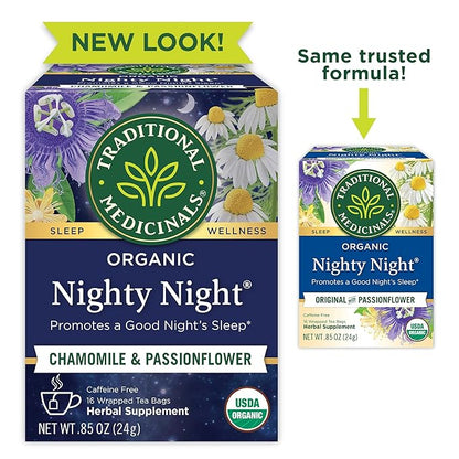Traditional Medicinals Organic, Nighty Night Tea, Chamomile & Passionflower - Herbal Sleep Aid Teas - Kosher, Non-GMO, Caffeine-Free, Compostable - 16 Tea Bags