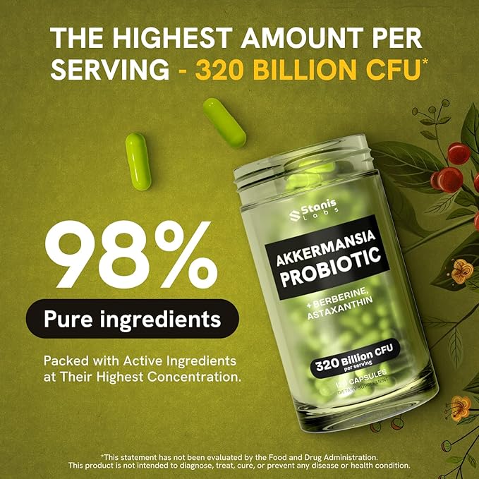 Akkermansia Muciniphila Probiotics 320 Billion CFU| Probiotic and Prebiotic | Akkermansia Probiotics for gut health | Inulin Prebiotic Fiber Capsules Astaxanthin & Berberine & Chromium 480 caps 4 pack