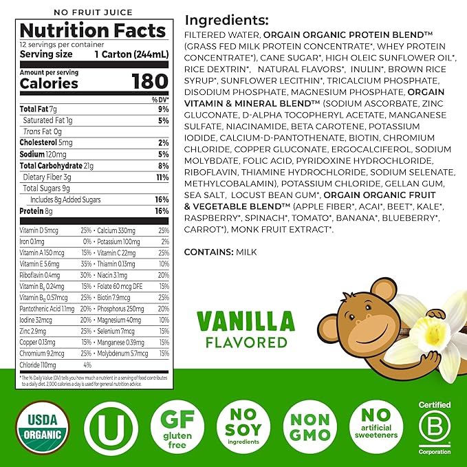 Orgain Organic Kids Nutritional Protein Shake, Vanilla, Healthy Kids Snacks, 8g Dairy Protein, 3g Fiber, 22 Vitamins & Minerals, No Soy ingredients, Gluten Free, Non-GMO, 8.25 Fl Oz (Pack of 24)