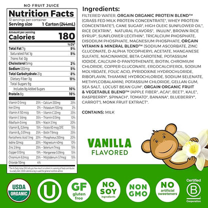 Orgain Organic Kids Nutritional Protein Shake, Vanilla, Healthy Kids Snacks, 8g Dairy Protein, 3g Fiber, 22 Vitamins & Minerals, No Soy ingredients, Gluten Free, Non-GMO, 8.25 Fl Oz (Pack of 24)