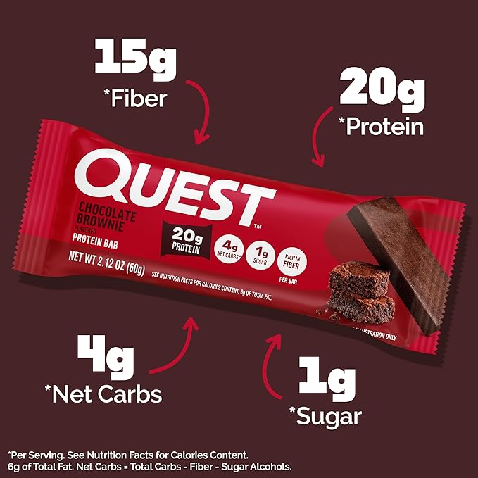 Quest Nutrition Chocolate Brownie Protein Bars, 20g Protein, 4g Net Carbs, 1g Sugar, High Fiber, Gluten Free, Keto Friendly, 4 Count