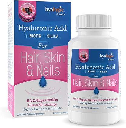 Hyalogic Hyaluronic Acid Chewable Lozenge – Sugar-Free Supplement for Hair Skin and Nails Vitamins for Women, Supports Skin Hydration (30 Count)