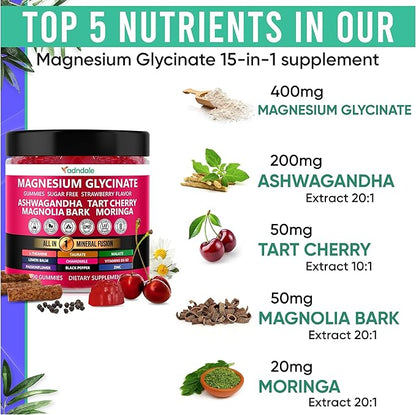Adndale Magnesium Glycinate 400 mg Gummies with Ashwagandha, Magnesium Malate & Taurate, Tart Cherry, Magnolia Bark, Lemon Balm, Passionflower, Chamomile, L-Theanine, Zinc, Vitamin K2 & D3. 90CT