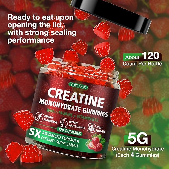 Creatine Gummies for Men & Women - Chewable Creatine Monohydrate Gummies with Taurine & Vitamin B12, 5g Creatine per Serving, Vegan, Strawberry Flavor, 120 Count