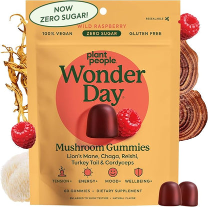 Plant People WonderDay Mushroom Gummies - Lion’s Mane, Cordyceps, Chaga Mushroom Supplement to Support Immune System De-Stress Boost Mood & Energy in Adults Natural, Vegan, Non-GMO (60 Count)