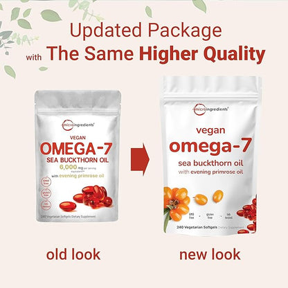 Vegan Omega-7 Sea Buckthorn Oil, 240 Vegetarian Softgels | 2-in-1 with Evening Primrose Oil | Plant Based Botanical Oil Blend | Non-GMO, Gluten, & Carrageenan Free