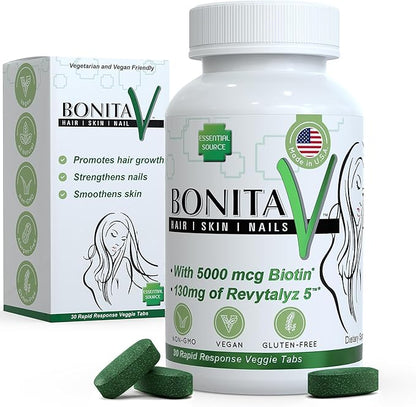 Essential Source Biotin (Biotina Vitaminas) - Hair Skin Nails Vitamins for Women & Men - 5000 mcg - Hair Growth Support Supplements - 30 Tablets - with Revytalyz 5, Vitamin A, C, B12 - Made in USA
