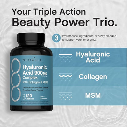 NeoCell Hyaluronic Acid Complex 900mg | 120 Capsules | with BioActive Collagen Peptides & MSM | Premium Grade Formula