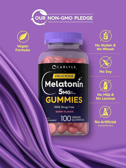 Carlyle Melatonin 5mg Gummies | 100 Count | Berry Flavor | 100% Drug Free | Non-GMO, Gluten Free Supplement
