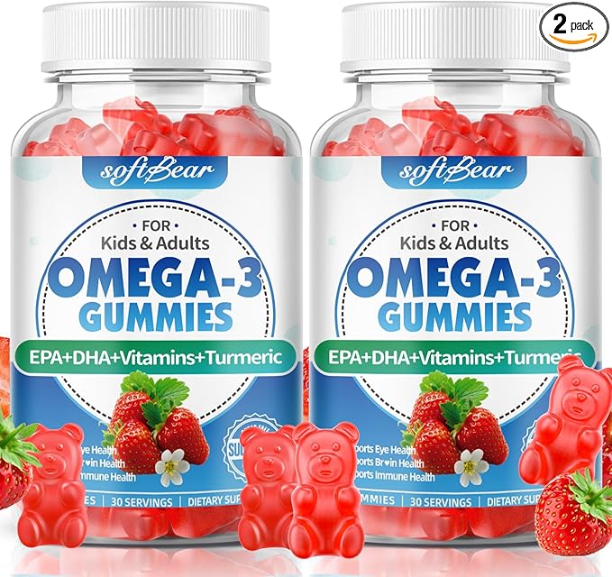 softbear Omega 3 Gummies for Women & Men & Kids Omega 3 Supplements 1200mg Vegan Omega 3 Fatty Acids DHA EPA with Vitamins Support Eye & Brain Health, Sugar Free, Strawberry Flavor 120 Count