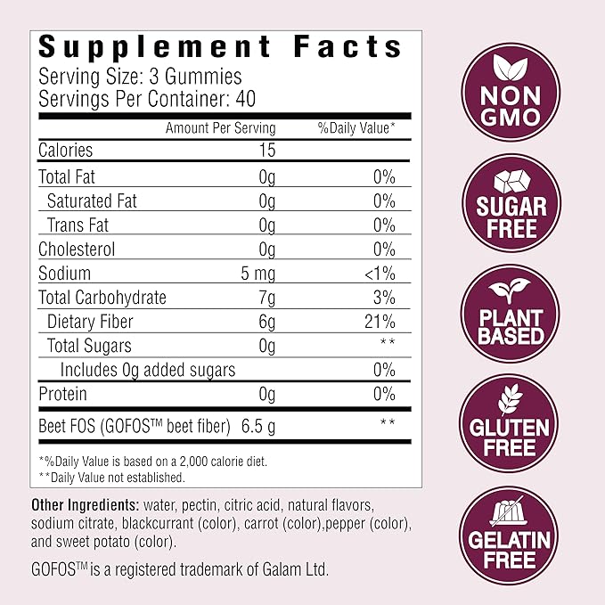 Country Farms Fiber Care Prebiotic Gummies, 6g of Fiber Per Serving, GLP-1 Booster, FOS from Beets, Digestive Health and Bloat, Supports Regularity, Mixed Fruit Flavor, 120 Gummies, 40 Servings