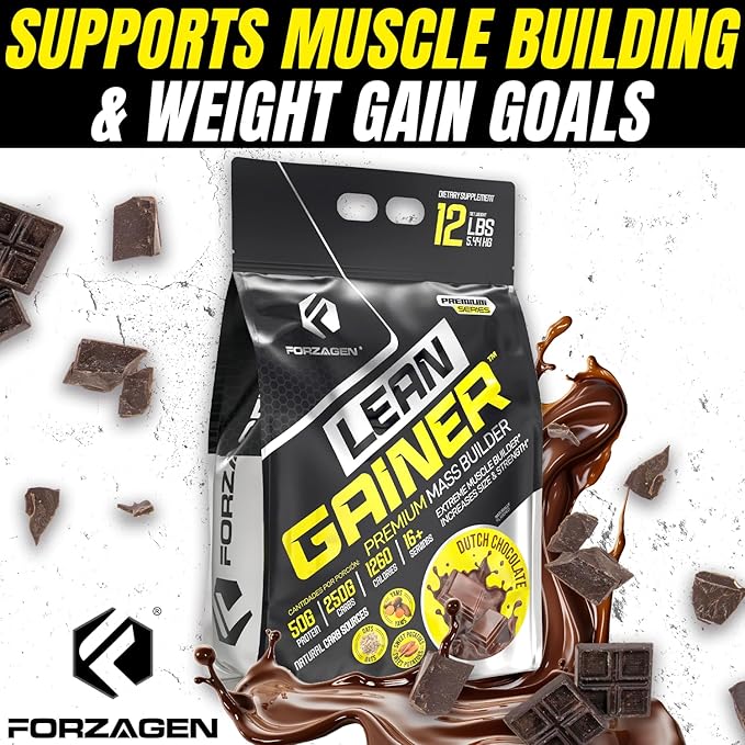 Forzagen Lean Gainer Premium Mass Builder | Mass Gainer Protein Powder for Men & Women | High Calorie Protein, Weight Gain, Bulk, Muscle Building Supplement | Dutch Chocolate, 12 lbs. (16+ Servings)