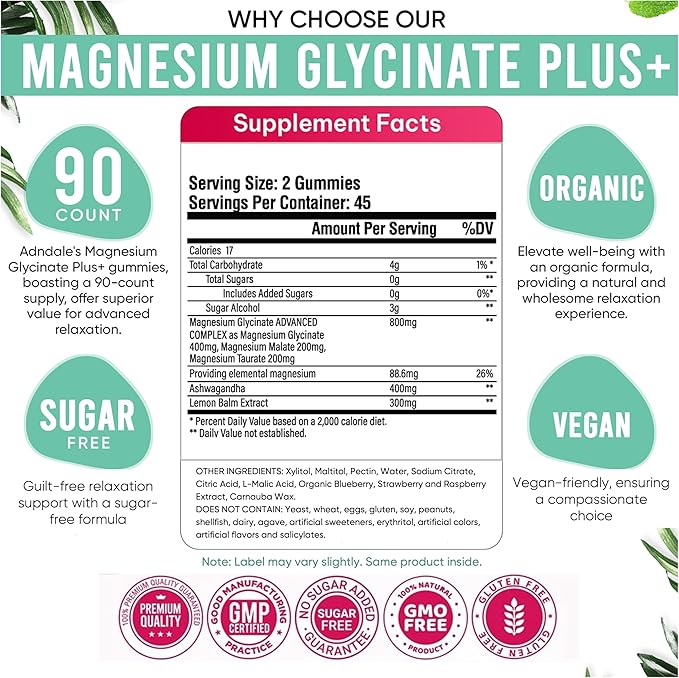 Adndale 90 CT Magnesium Glycinate 400 mg Gummies with Ashwagandha, Magnesium Malate & Taurate, Sugar Free Magnesium Gummies for Adults & Kids.