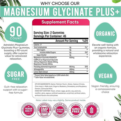 Adndale 180 CT Magnesium Glycinate Gummies 400 mg/Serv with Ashwagandha, Magnesium Malate & Taurate, Sugar Free Chews for Adults & Kids