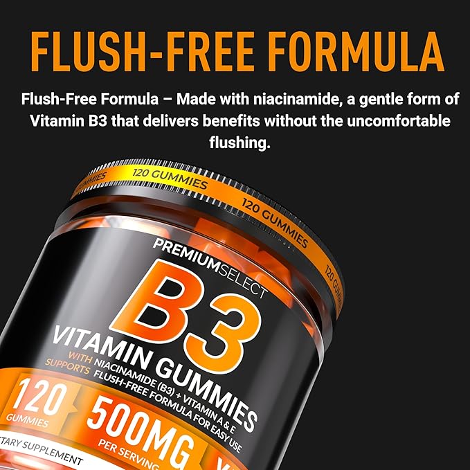 Vitamin B3 Gummies Niacinamide 500mg – Flush-Free Niacin Supplement with Vitamins A & E – 120 Vegan Gummies for Adults – Non-GMO, Sugar-Free, Gluten-Free – 2-Month Supply