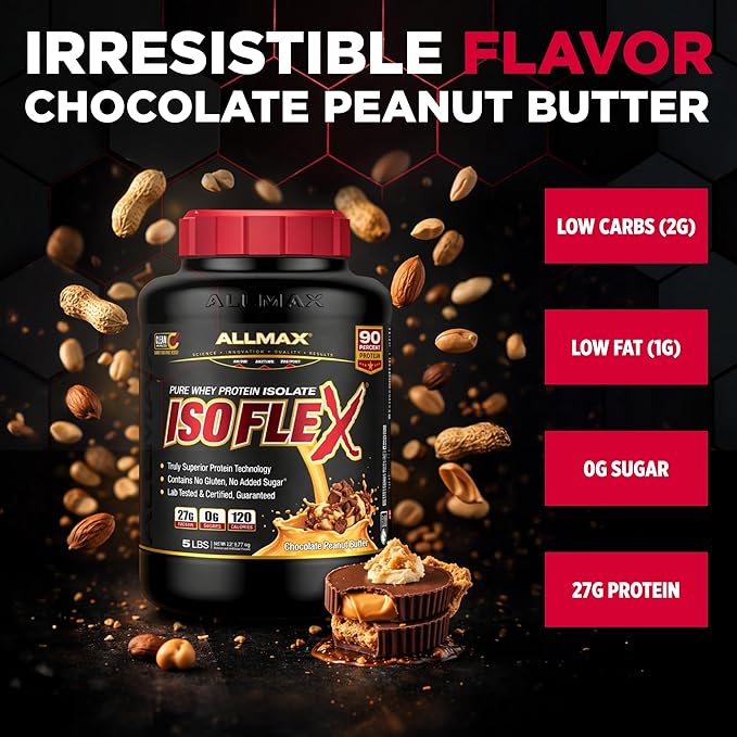 ALLMAX ISOFLEX Pure Whey Isolate Protein Powder - Gluten Free, Low Lactose, Sugar-Free - High-Protein, Clean, Keto-Friendly, Pre Post Workout Supplement, Women and Men | Chocolate Peanut Butter, 5lb