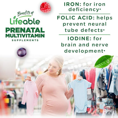 Lifeable Prenatal Multivitamin Gummies for Women | Iron, Choline & Folic Acid | Prenatal Vitamins for Pregnancy Support | Vegetarian, Non-GMO | Berry Flavor | 90 Gummies