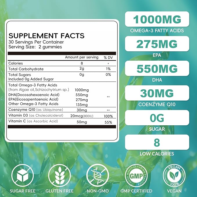 Vegan Omega-3 Algae Oil Supplement with DHA 300mg & EPA 150mg, Plant-Based Omega-3 with Vitamin D3 & K2, Fish-Free Algal Oil Softgels for Men & Women, 2 Pack, 120 Softgels, 60 Day Supply