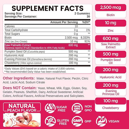 Saw Palmetto for Women Gummies, Organic Saw Palmetto with Pumpkin Seed Oil for Hair Growth, DHT Blocker & Urinary Health, Sugar Free, Vegan, Peach Flavor, 60 Chewable