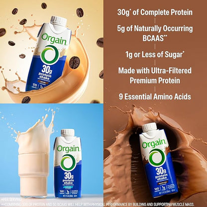 Orgain 30g High Protein Shake Variety Pack, Dairy Isolate Milk Protein, 5g BCAAs, 1g Sugar Per Serving, Caffeine, Meal Replacement, Ready to Drink, Chocolate, Vanilla, Café Latte, 11 Fl Oz (12 Pack)