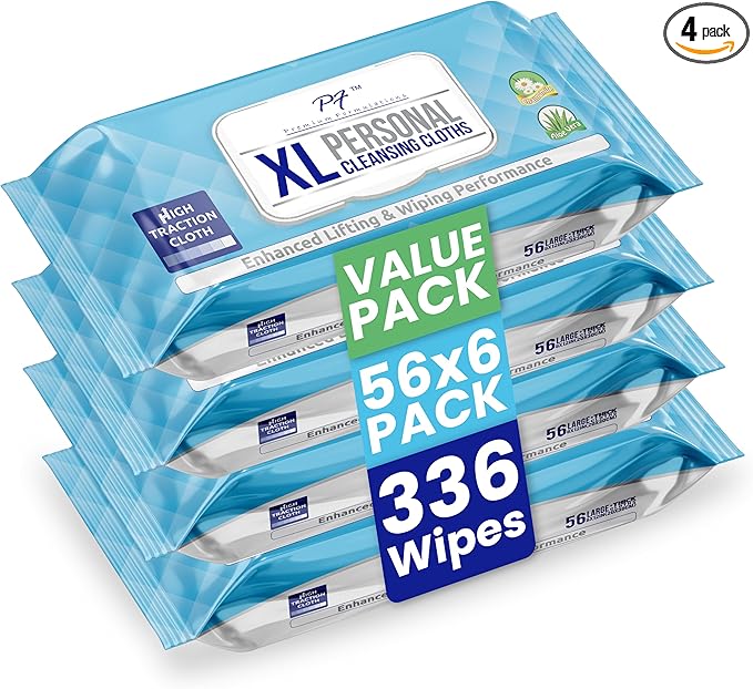 XL Adult Wipes – (4 Packs x 56 Wipes = 224 Wipes) High Traction, Uber Thick & Extra Large Wash Cloths | Disposable Incontinence Wipes with Aloe for Elderly Care & Hygiene
