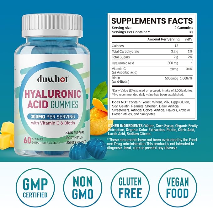 duwhot Hyaluronic Acid Gummies, Hyaluronic Acid Supplements with Vitamin C & Biotin 5000mcg for Skin, Hair, Nails Health, Joints Supplements for Women & Men, Low Sugar, Vegan, Non-GMO, 60 Counts