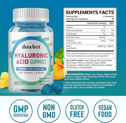 duwhot Hyaluronic Acid Gummies, Hyaluronic Acid Supplements with Vitamin C & Biotin 5000mcg for Skin, Hair, Nails Health, Joints Supplements for Women & Men, Low Sugar, Vegan, Non-GMO, 60 Counts