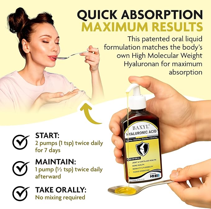BAXYL - Liquid Hyaluronic Acid for Joint Relief Supplement (Vegan, Gluten-Free, Non-GMO, Patented Oral MHB3) (3 Pack)