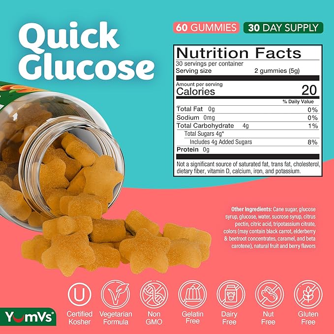 YUM-V'S Glucose Gummies – Fast Acting Glucose Chewable Gummies – Great Tasting – Gluten Free, Vegan, Non-GMO – Orange Natural Flavor – 60 Chewable Gummy for Adults & Kids