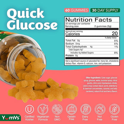 YUM-V'S Glucose Gummies – Fast Acting Glucose Chewable Gummies – Great Tasting – Gluten Free, Vegan, Non-GMO – Orange Natural Flavor – 60 Chewable Gummy for Adults & Kids