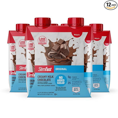 SlimFast Meal Replacement Shake, Original Creamy Milk Chocolate, No Added Sugar, Meal Replacement Shakes, 10g Ready to Drink Protein, 5g Fiber, 25 Vitamins and Minerals, 11 Fl. Oz, 12 Count