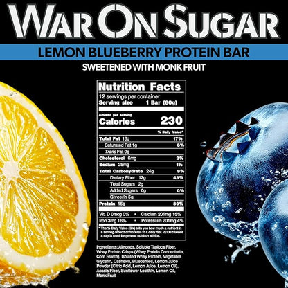 War on Sugar Lemon Blueberry - High Protein Bars, No Sugar Added, 15g Protein, 7g Net Carbs, Keto Friendly, Gluten Free, All-Natural Ingredients, Monk Fruit Sweetened, No Crash - 12 Count Box
