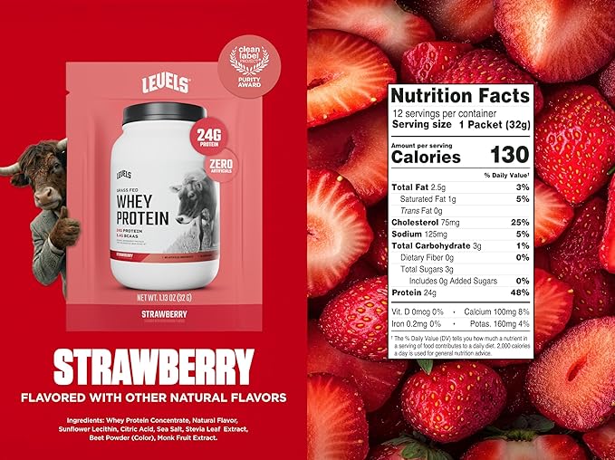 Levels Grass Fed Whey Protein Powder, No Artificials, 24G of Protein, Strawberry, 12 Count