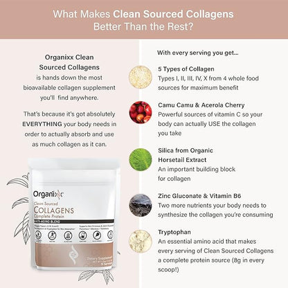 Organixx Clean Sourced Collagen Peptides Powder with Vitamin C, Types I, II, III, V, X Hydrolyzed Collagen, Hair, Nail, Skin, Bone & Joint Health, Aging Support, Gluten Free, Unflavored, 15 Servings