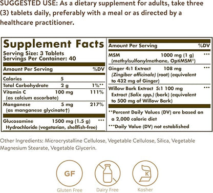 Solgar Glucosamine MSM Complex, 120 Tablets - Promotes Healthy Joints - Supports Range of Motion & Flexibility - Supports Collagen - Shellfish-Free - Gluten Free, Dairy Free, Kosher - 40 Servings