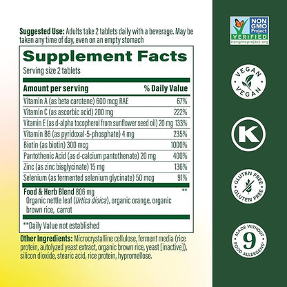 MegaFood Skin, Nails & Hair 2 - Vitamins for Women & Men - Biotin, Vitamin A, C, Zinc, B6, E, Pantothenic Acid - Vegan - Made Without 9 Food Allergens - 60 Tabs (30 Servings)