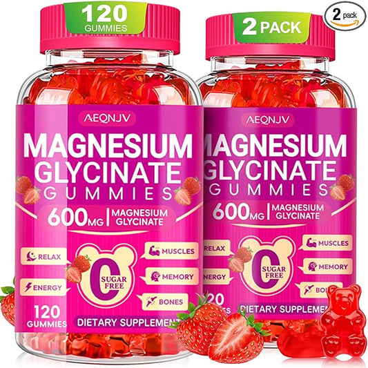 Magnesium Glycinate Gummies 600mg, Chewable Sugar Free Gummies with Magnesium Glycinate, Vitamin D, B6 and CoQ10 for Sleep, Relaxation, Brain and Muscle, 2 Pack