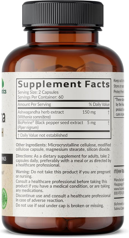 Futurebiotics Ashwagandha Extra Strength Stress & Mood Support with BioPerine - Non GMO Formula, 120 Vegetarian Capsules