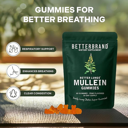 Betterbrand Mullein Chewable Gummies for Lung Cleanse and Detox, Respiratory Health Supplement, 1000mg Mullein Extract per Serving, 60 Gummies - 30 Day Supply - Pear Flavored
